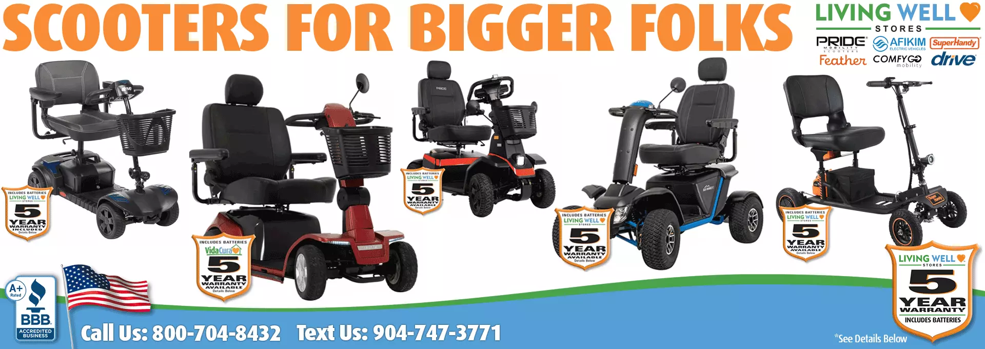 Living Well Stores offers for sale Power Mobility Scooters for customers of all kinds: Standard-Sized Scooters, Folding Travel Scooters, Compact Scooters, Recreational Scooters, and Scooters for Bigger Folks. We carry only the best brands including Pride