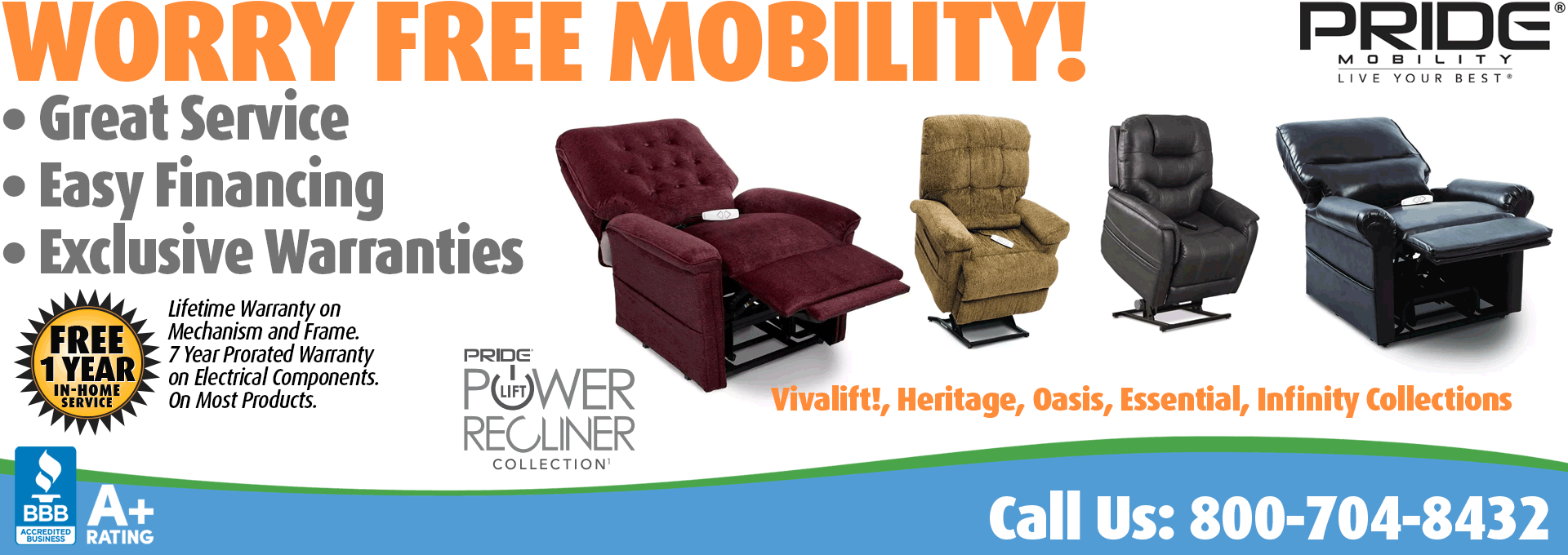 Living Well Stores: Power Lift Recliner Chairs from Pride Mobility, featuring their Vivalift!, Infinity, Essential, Heritage and Oasis Collections