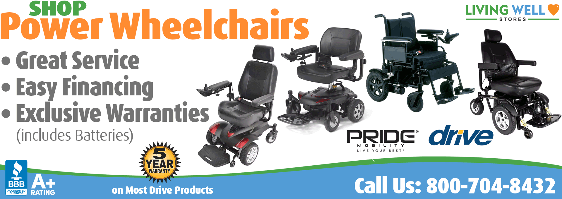 Living Well Stores: Power Wheelchairs for all types of customers, featuring Drive Medical, Pride Mobility Jazzy, and more.