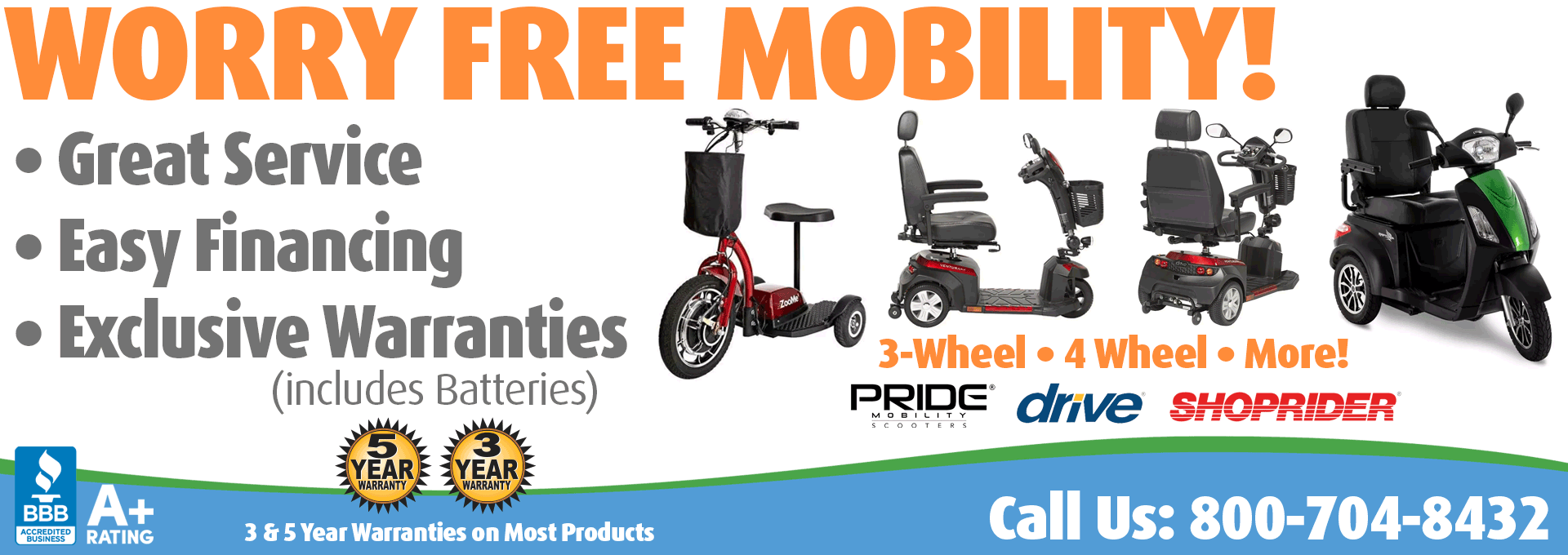 Living Well Stores: Recreational Mobility Scooters with Worry Free Warranties featuring Drive Medical, Pride Mobility, Shoprider and More.