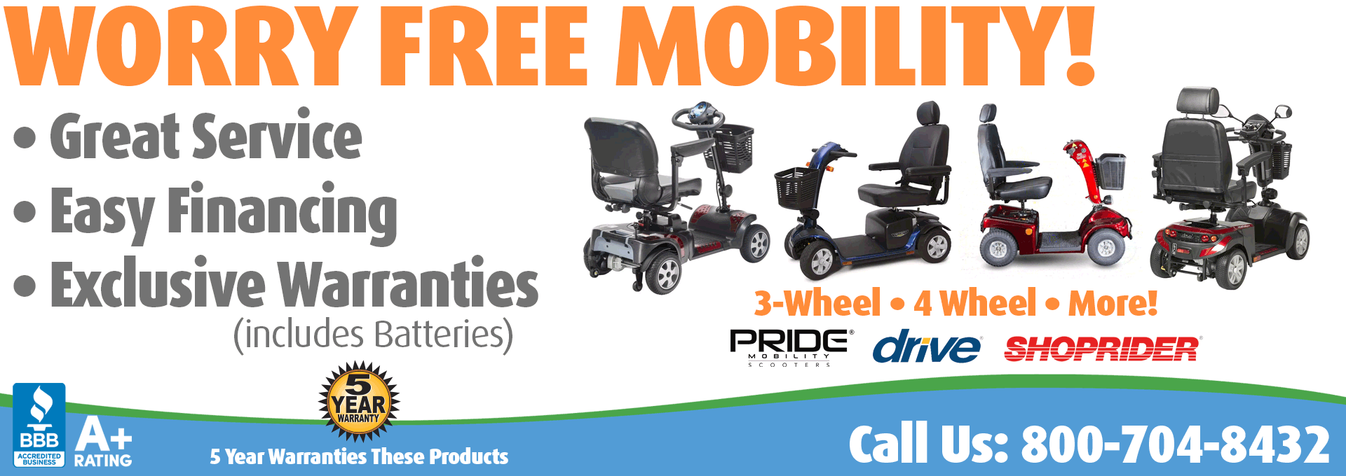 Living Well Stores: Standard Sized Mobility Scooters with "Worry Free" Warranties featuring Drive Medical, Pride Mobility, Shoprider and More.