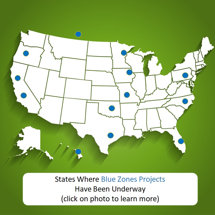 US map with blue dots indicating Blue Zone Projects