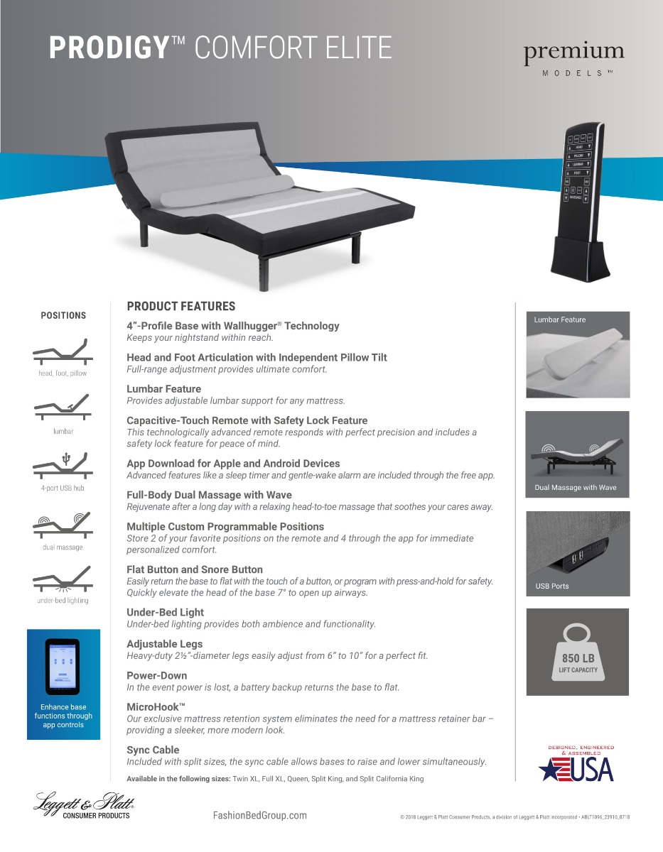 list of product features for Prodigy Comfort bed